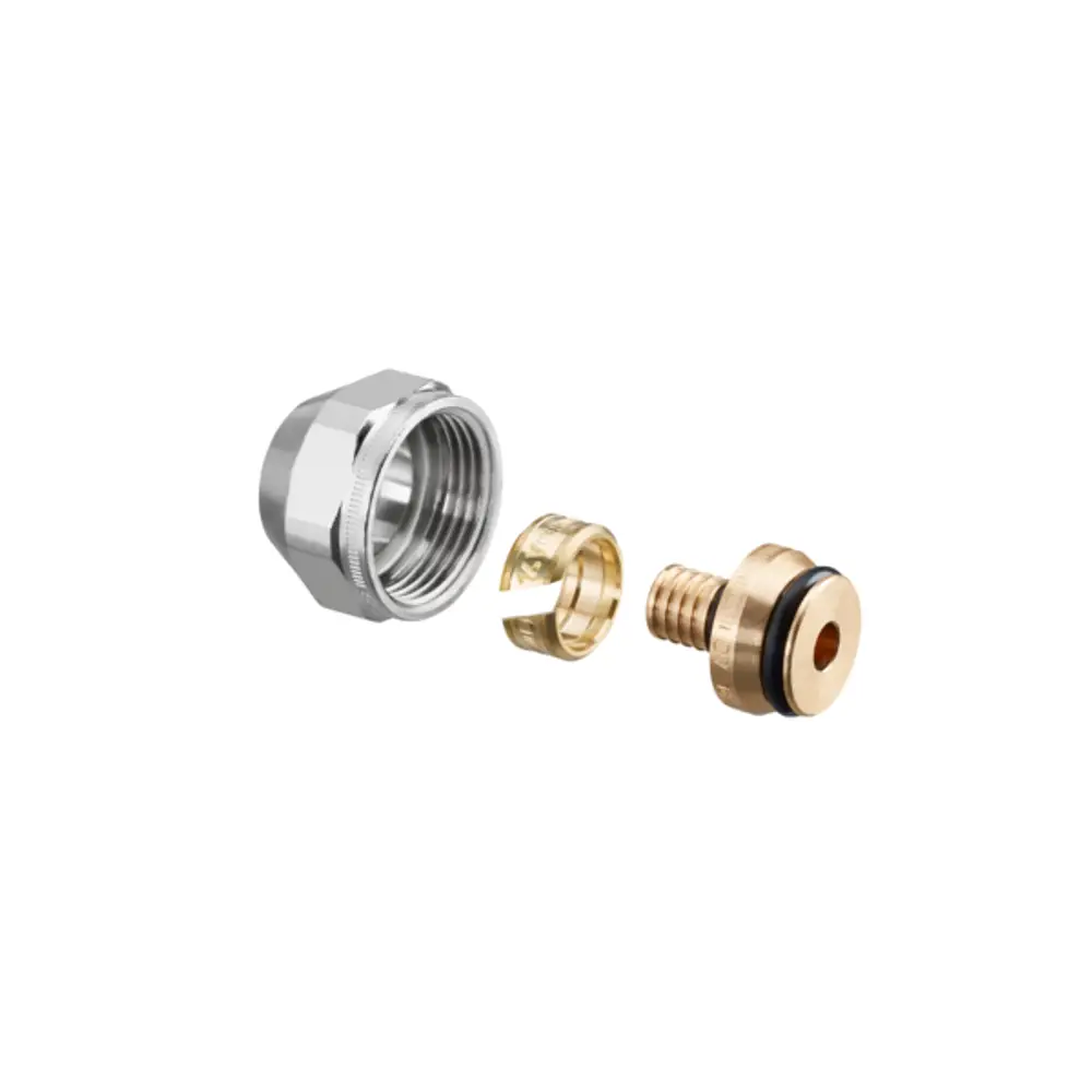 Oventrop Klemmringverschraubung, bestehend aus einem vernickelten Metallgewinde mit Dichtungsring und zwei weiteren Bauteilen für Rohrverbindungen.